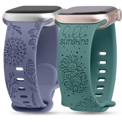 HLD 2 Packs Compatible \w Apple Watch Band 42MM 44MM 45MM 49MM Women Girls Silicone Dressy Sunflower Floral Engraved Strap Sport Bracelet for Iwatch