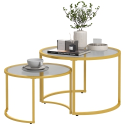 HOMCOM Round Nesting Coffee Table Set Of 2, Modern Nesting Tables With Tempered Glass Top And Steel Frame for Living Room In Gold