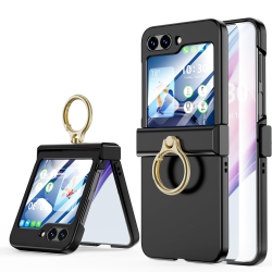HLD Compatible \w Galaxy Z Flip 5 Case (Built-In Back Screen Protector) \w Hinge Protection & Ring Kickstand, Slim And Thin Protective Case Cover For
