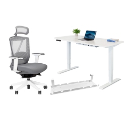 EFFYDESK Business Bundle: Height Adjustable Computer Standing Desk Small Oak On Business Frame + Aerychair Adjustable Ergonomic Office Chair