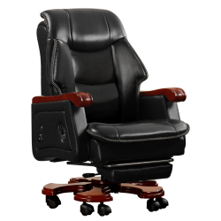 KINNLS Jones Fully Reclining Office Chair Ventilation, Heating Massage Chair \w Footrest Genuine Leather \w Solid Wood High Back Executive Office