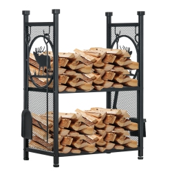 OUTSUNNY 2-Tier Firewood Rack \w Shovel, Broom, Poker, Tongs, Side Hooks, Log Holder for Fireplace, Outdoor Indoor Wood Storage Stacker, 21.7" X