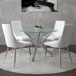 COSMIC HOMES 5PC Dining Set In Chrome With Chair, Round Modern Kitchen Table And 4 Faux Leather Upholstered Chair for Dining Room, Living Room