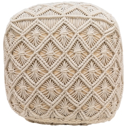NORTHLIGHT 18" Handmade Macrame Natural Cotton Square Pouf Ottoman In Beige