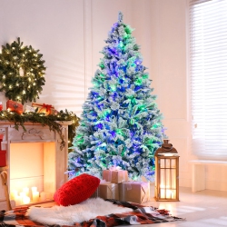 GYMAX 4.5/6/7 Ft Pre-Lit Artificial Christmas Tree Snow-Flocked Hinged Xmas Tree W/ 160/240/320 Led Lights & 472/850/1270 Branch Tips