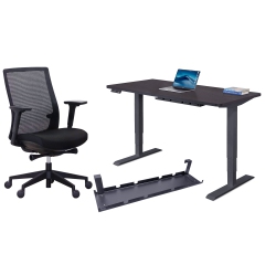 EFFYDESK Business Bundle: Height Adjustable Computer Standing Desk Small Oak On Business Frame + Grinchair Adjustable Ergonomic Office Chair