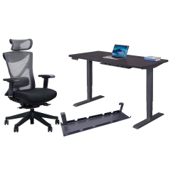 EFFYDESK Business Bundle: Height Adjustable Computer Standing Desk Small Oak On Business Frame + Kaichair Adjustable Ergonomic Office Chair
