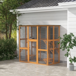 PAWHUT Outdoor Catio Cat Enclosure, Large Weatherproof Cat House \w Asphalt Roof, 6 Jumping Platforms, Wooden Walk-In Kitty Cage for Multiple