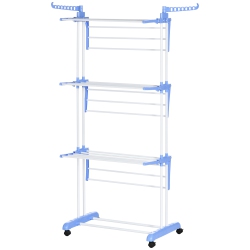 HOMCOM Foldable Clothes Drying Rack, 4-Tier Steel Laundry Rack for Drying Clothes With 2 Side Wings And 4 Castors, Indoor And Outdoor Use In Blue