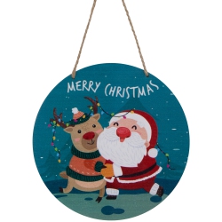 NORTHLIGHT Santa And Reindeer "merry Christmas" Disc Ornament - 8" - Blue And In Red