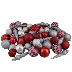 NORTHLIGHT Shatterproof 3-Finish Christmas Ball And Finial Ornaments - And Silver - 75Ct In Red