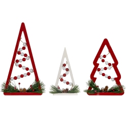 NORTHLIGHT Wooden Trees With Beads Christmas Decorations - 11.75" - And White - Set Of 3 In Red