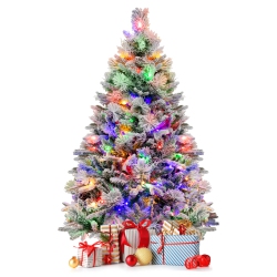 TOPBUY 4.5/6/7 Ft Pre-Lit Artificial Christmas Tree, Snow-Flocked Xmas Tree With 160/240/320 Multi-Color Led Lights, 8 Lighting Modes