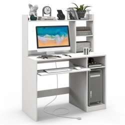 TOPBUY Computer Desk W/ Charging Station 43.5" Gaming Table Workstation W/ Keyboard Tray Cpu Stand & Storage Shelves White/black