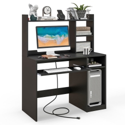 TOPBUY Computer Desk W/ Charging Station 43.5" Gaming Table Workstation W/ Keyboard Tray Cpu Stand & Storage Shelves White/black