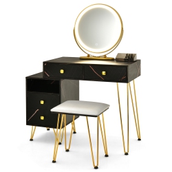 TOPBUY Bedroom Makeup Vanity Dressing Table Stool Set With 3 Colors Lighted Mirror Large Storage Cabinet Drawer