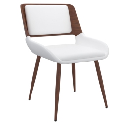 COSMIC HOMES Dining Chair In Faux Leather And Walnut, Mid-Century Walnut Dining Chair, Upholstered Chair In White