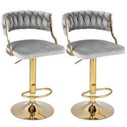 COSTWAY Swivel Velvet Bar Stools Set Of 2 Upholstered Adjustable With Woven Backrest