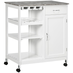 HOMCOM Rolling Kitchen Cart, Bar Cart On Wheels With Wine Rack, Drawer, Open Shelves, Cabinet And Faux Marble Top, Kitchen Island With Storage