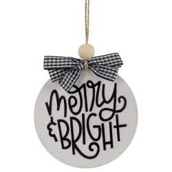 NORTHLIGHT Wooden "merry & Bright" Disc Christmas Ornament With Plaid Bow - 4" - Black And In White