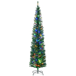 HOMCOM 7.5Ft Tall Pencil Prelit Artificial Christmas Tree Holiday Décor With Branches, Colourful Led Lights, Steel Base In Green