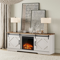 WAMPAT Fireplace Tv Stand With Sliding Barn Door, Entertainment Center for Tvs Up to 75 Inches, for Living Room, White