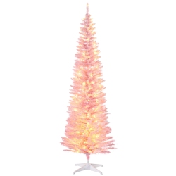HOMCOM 6 Ft Pre-Lit Noble Fir Slim Artificial Christmas Tree With 390 Tips And 200 Warm Led Lights, Pink In White