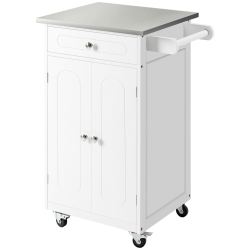 HOMCOM Kitchen Cart, Small Kitchen Island, Stainless Steel Top Utility Trolley On Wheels With Storage Drawer for Dining Room, Kitchen (White)