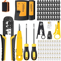 LEATBUY-TECH Leatbuy Cat6 Crimper Rj45 Crimp Tool Kit Cat5 Crimping Tool Set, 50PCs Connectors, 50PCs Covers, Network Cable Tester, Wire Punch Down