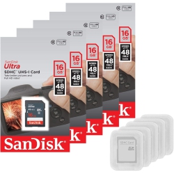SANDISK 5 Pack - Ultra 16GB Sd Sdhc Memory Flash Card Uhs-I Class 10 Read Speed Up to 48Mb/s 320X Sdsdunb-016G-Gn3In Wholesale Lot + (5 Cases)