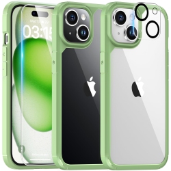 HLD for Iphone 15 Plus Case, 5 In 1 1X Clear Case Not-Yellowing \w 2X Tempered Glass Screen Protector + 2X Camera Lens Protector, Militarized Drop