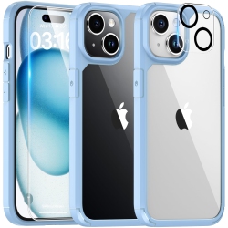 HLD for Iphone 15 Plus Case, 5 In 1 1X Clear Case Not-Yellowing \w 2X Tempered Glass Screen Protector + 2X Camera Lens Protector, Militarized Drop