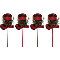 NORTHLIGHT Set Of 4 And Black Plaid Plush Winter Hat Christmas Picks 15" In Red