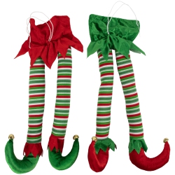 NORTHLIGHT Striped Plush Elf Legs Christmas Decorations - 19" - And Green - Set Of 2 In Red