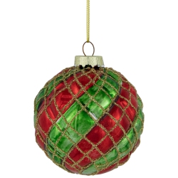 NORTHLIGHT Glitter Lattice Striped Christmas Glass Ball Ornaments - 3" (80Mm) - And Green - 4Ct In Red