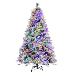 COSTWAY 6 Ft Pre-Lit Snow Flocked Christmas Tree Hinged Xmas Tree With 8 Modes 240 Lights