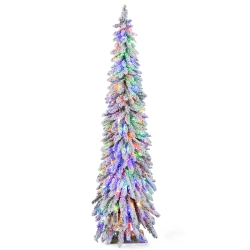 COSTWAY 6 Ft Pre-Lit Slim Christmas Tree Flocked Xmas Decoration 11 Modes 250 Led Lights
