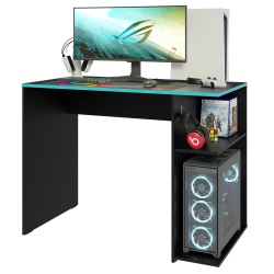 MADESA Gaming Computer Desk 39 Inch With 2 Shelves And Headphone Hanger Wooden Sturdy Home Office Table for Kids And Adults - Black/blue