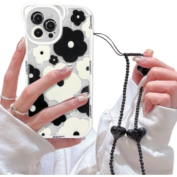 GENERIC Compatible for Iphone 13 Pro Case Clear Floral Bear Camera Lens With Heart Beaded Lanyard Wrist Strap for Women