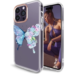 GENERIC Clear Case for Iphone 14 Pro Max Glitter Plating Butterfly Flower Design Protective Shockproof Slim Tpu