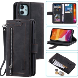 GENERIC Wallet Case for Iphone 12 Mini 5.4 Inch, Retro 9 Card Holder Slots Zipper Pocket Handbag Case Pu Leather