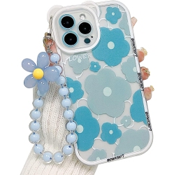 GENERIC Compatible for Iphone 13 Pro Case Clear Floral Bear Camera Lens With Flower Beaded Lanyard Wrist Strap