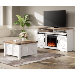 WAMPAT Living Room Set Of 2, 1 Electric Fireplace Sliding Barn Door Tv Stand And 1 Square Wood Coffee Table With Gas Struts Flip-Top In White