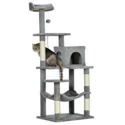 PAWHUT Tall Cat Tree for Indoor Cats, 56" Multi-Level Cat Tower With Hammock, Cat Bed, Cat Condo With Sisal Scratching Posts In Grey