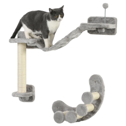 PAWHUT Cat Wall Shelf With Scratching Post, Cat Wall Shelves for Relaxing, Climbing, Cat Wall With Soft Ladder And Play Ball In Grey