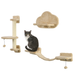 PAWHUT 3PCs Cat Wall Shelf With Scratching Post, Cat Wall Shelves for Relaxing, Climbing, Cat Wall With Soft Ladder And Play Balls In Beige