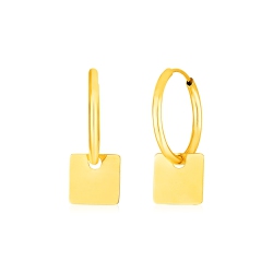 RCJ 14K Gold Huggie Style Hoop Earrings With Square Drops In Yellow