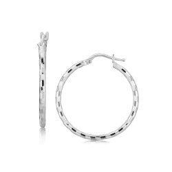 RCJ Sterling Hoop Design Diamond Cut Earrings With Rhodium Plating (26Mm) In Silver