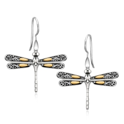 RCJ 18K Gold And Sterling Silver Dragonfly Motif Drop Earrings In Yellow
