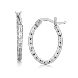 RCJ Sterling Rhodium Plated Small Oval Hoop Diamond Cut Textured Earrings In Silver